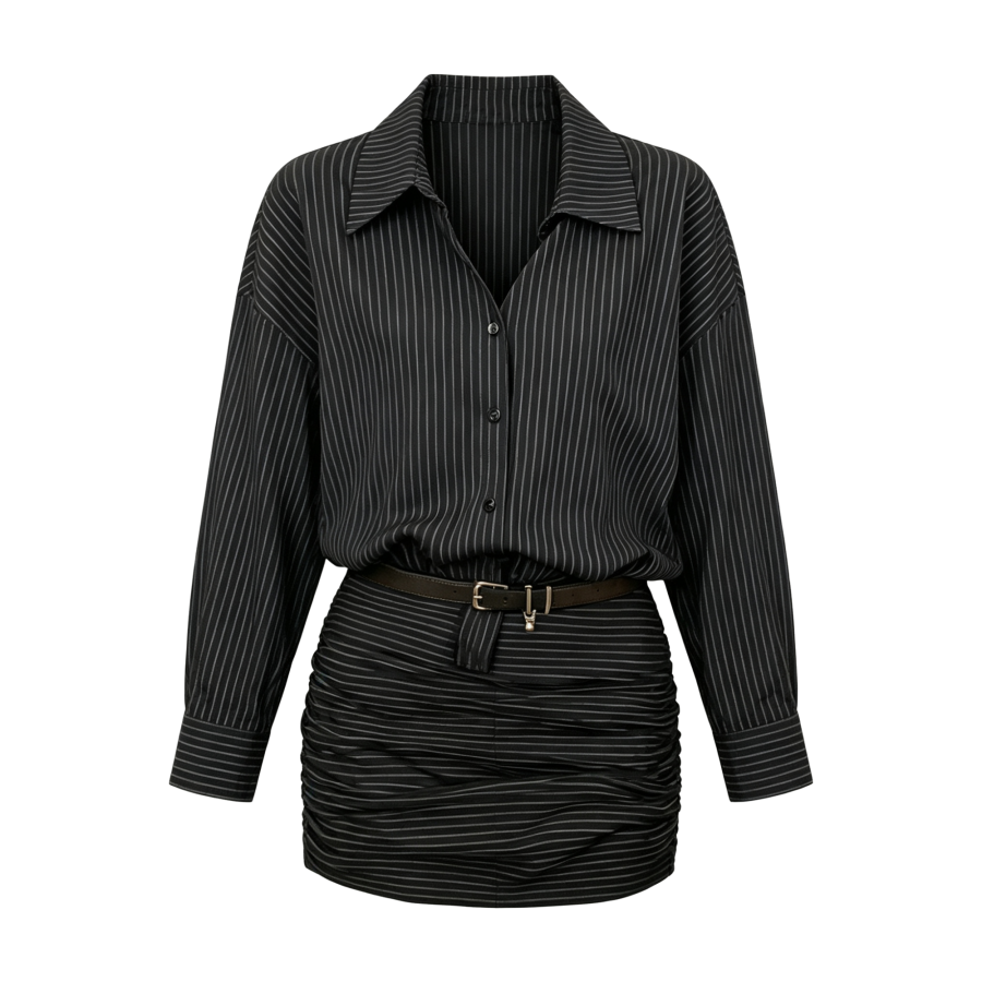 FINDSME GAGA Long Sleeved Dresses Women's Stripes Lapel Thin Short Skirt Bodycon Skirt