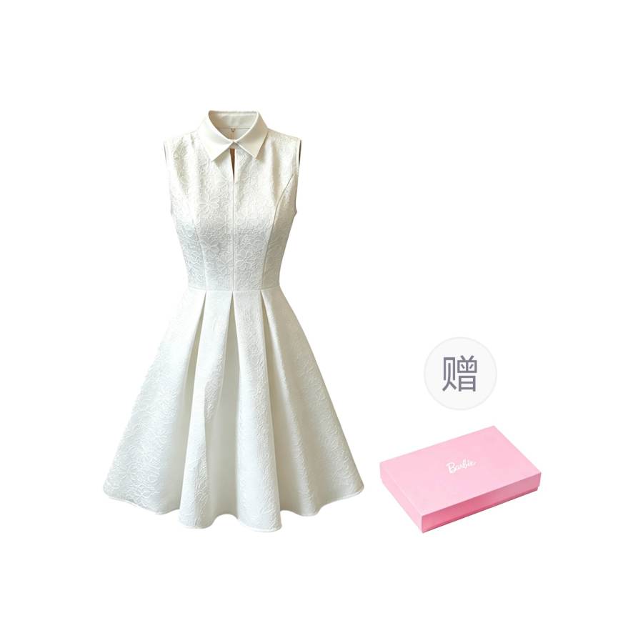 Barbie Sleeveless Dresses Women's Ecru Lapel Moderate Short Skirt