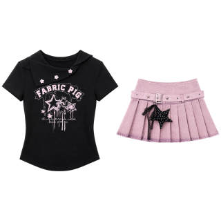 FABRIC PIG Two Piece Skirt Sets Women's Black Top+Skirt Crew Neck Thin Short Skirt