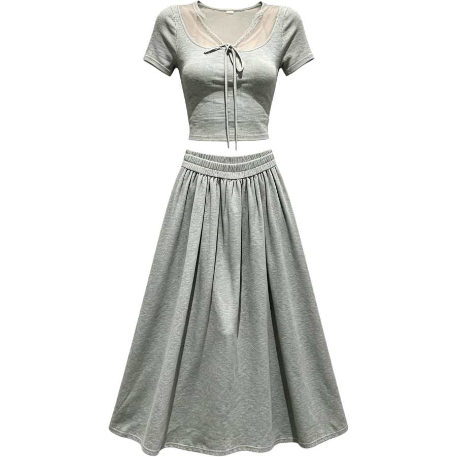 VENICEW Two Piece Skirt Sets Women's U Neck Thin Long Skirt