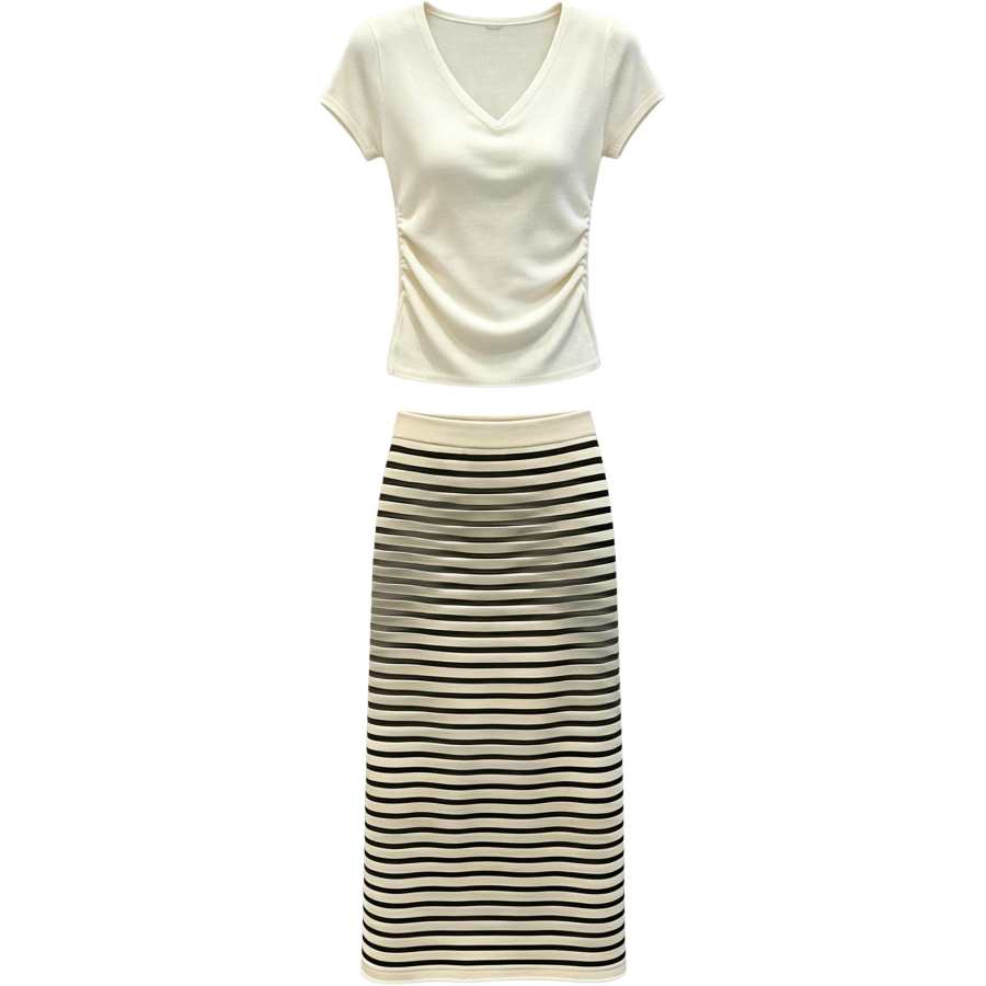 VENICEW Two Piece Skirt Sets Women's V Neck Moderate Long Skirt