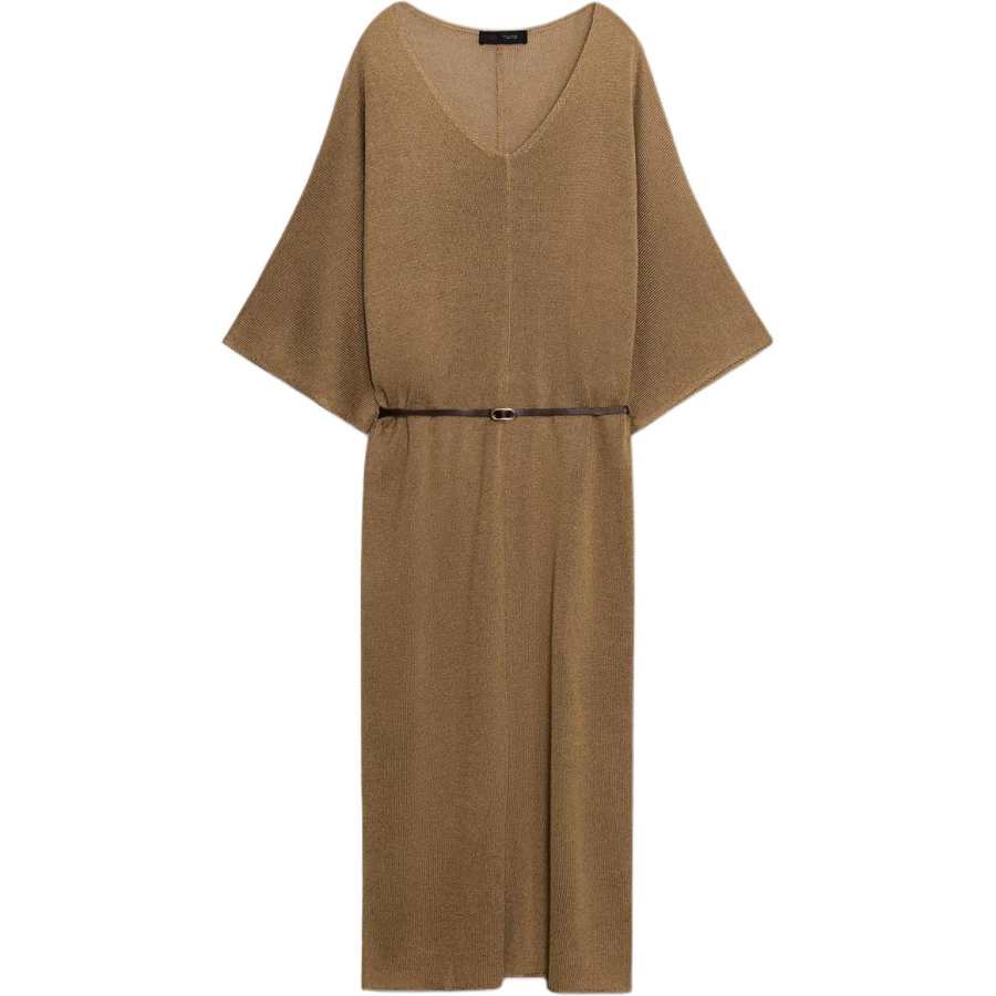 ZARA Long Sleeved Dresses Women's Brown V Neck Moderate Midi Skirt Other