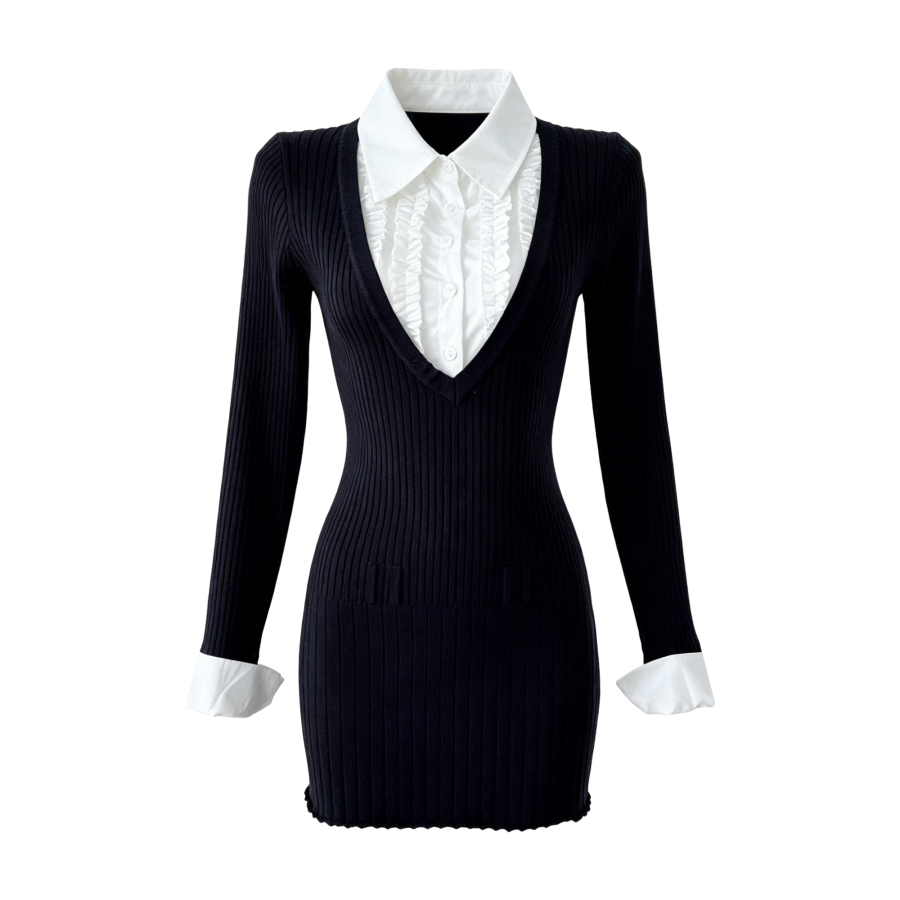 FINDSME GAGA Long Sleeved Dresses Women's V Neck Moderate Short Skirt Bodycon Skirt
