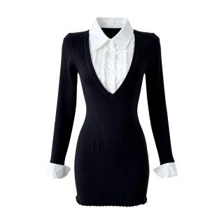 FINDSME GAGA Long Sleeved Dresses Women's V Neck Moderate Short Skirt Bodycon Skirt
