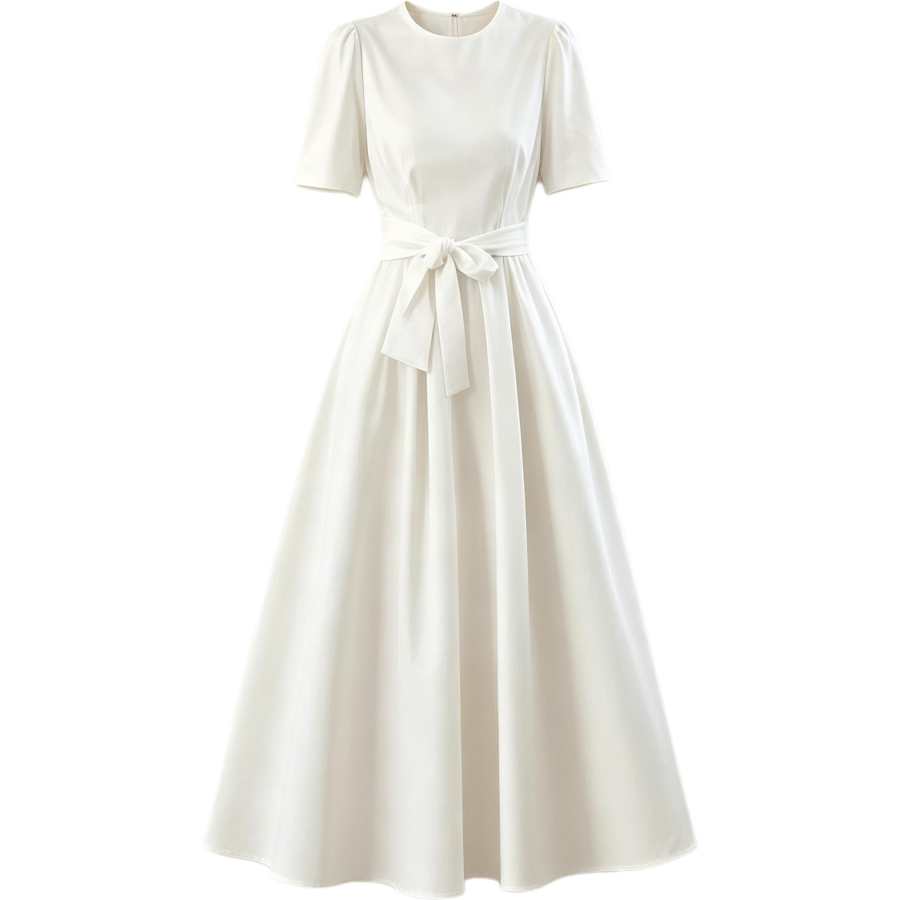 VENICEW Short Sleeved Dresses Women's White Crew Neck Moderate Long Skirt A Line Skirt