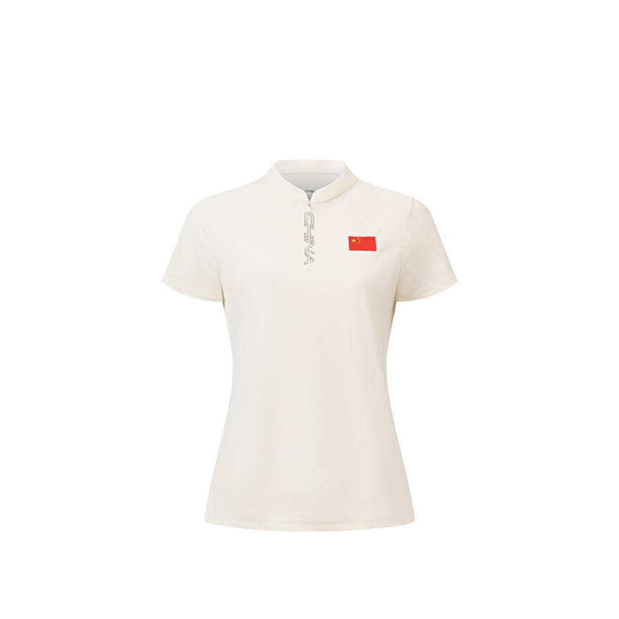 Li-Ning Li Ning Polo Shirts Women's Champagne White Stand Collar Moderate Straight Fit