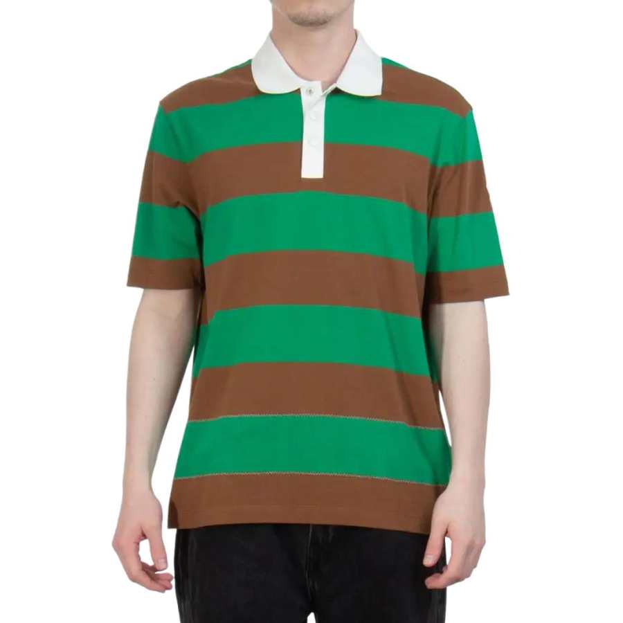 Moncler Polo Shirts Men's Brown Green Stripes Lapel Moderate Straight Fit