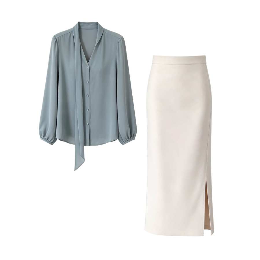 Sugarfunk Two Piece Skirt Sets Women's V Neck Thin Midi Skirt
