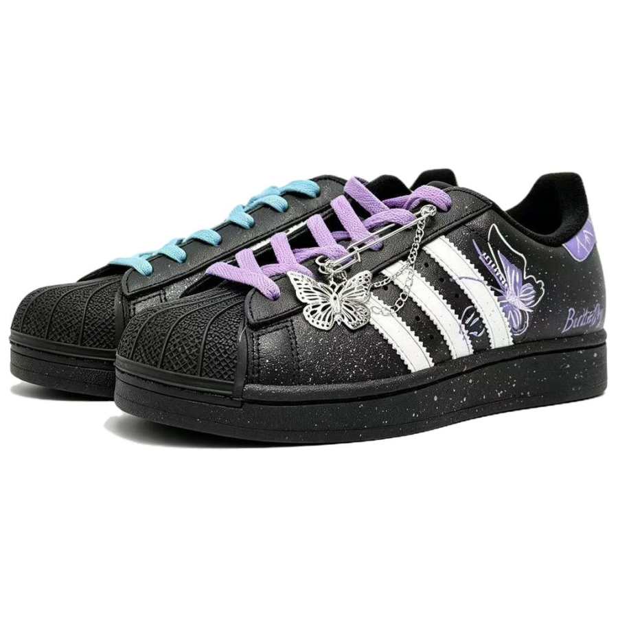 Adidas Originals Superstar 2 Skateboard Shoes Unisex Low Top Black Contrast Purple Blue Mismatched