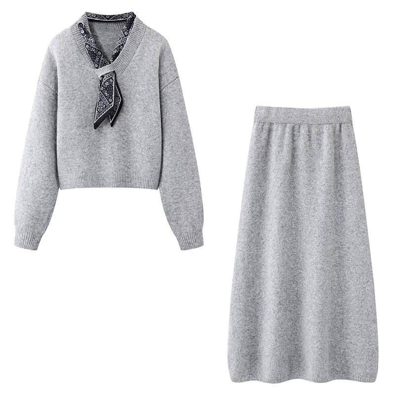 CPAURA Two Piece Skirt Sets Women's V Neck Moderate Long Skirt