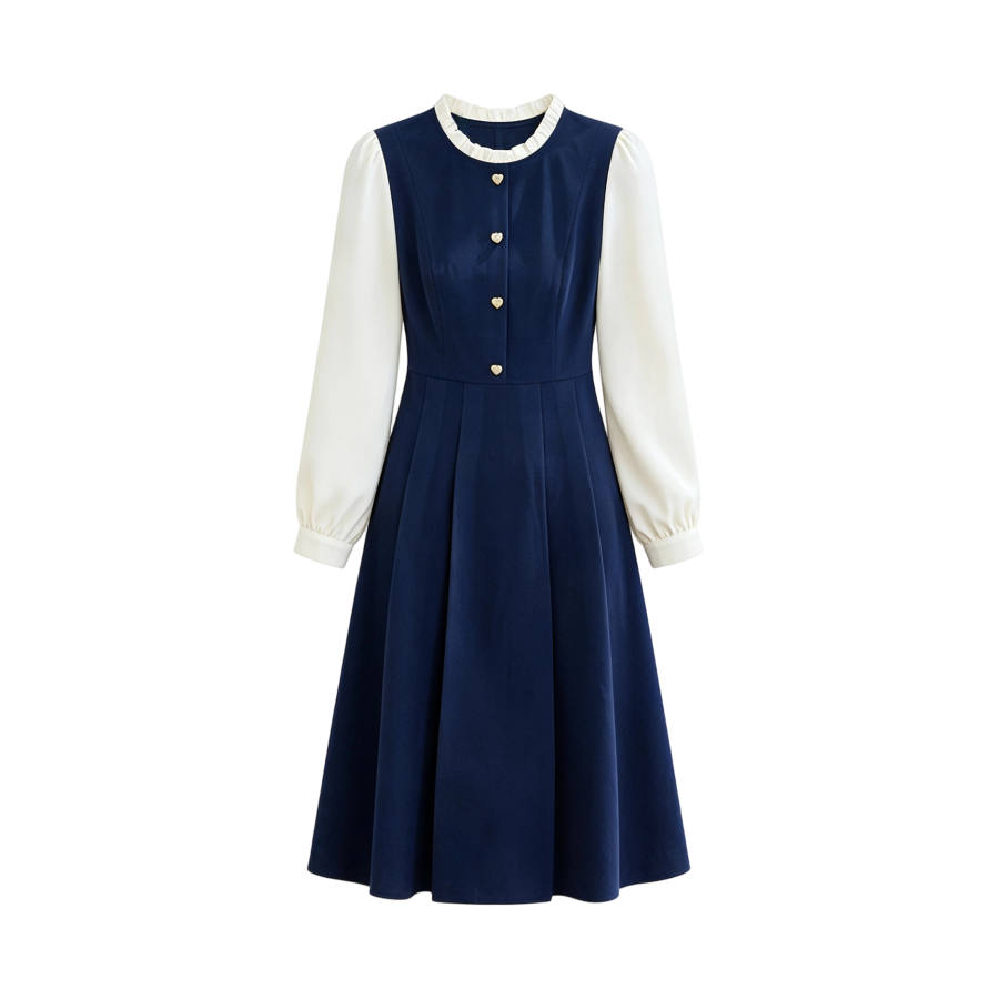 TUSHIFEI Long Sleeved Dresses Women's Navy Blue Crew Neck Moderate Midi Skirt A Line Skirt