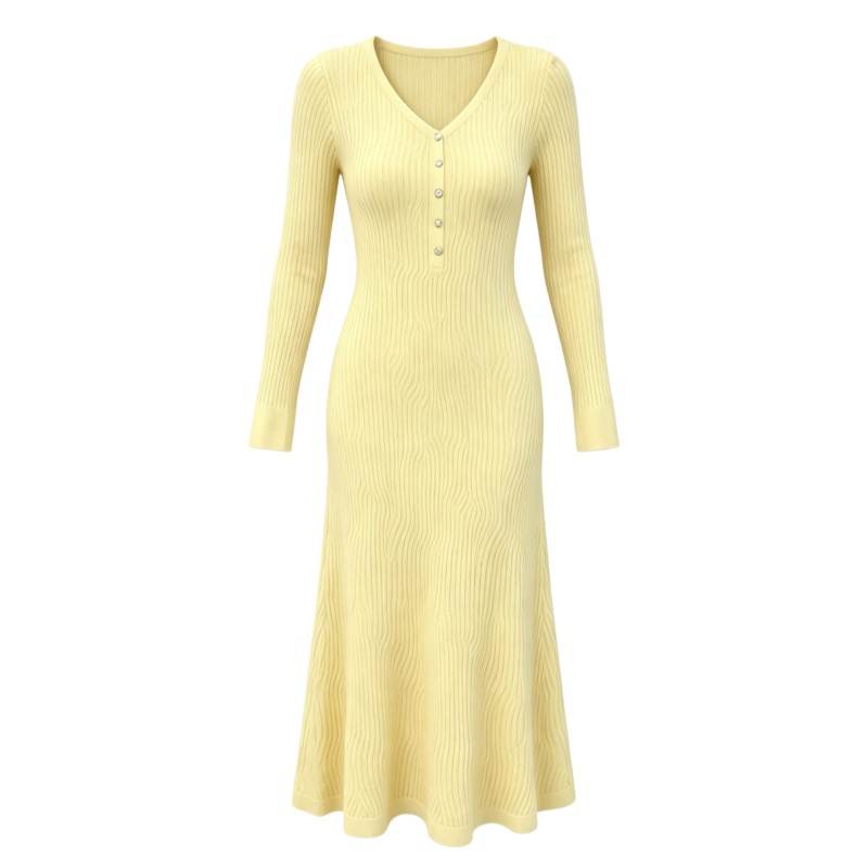 CPAURA Long Sleeved Dresses Women's Yellow V Neck Moderate Long Skirt A Line Skirt