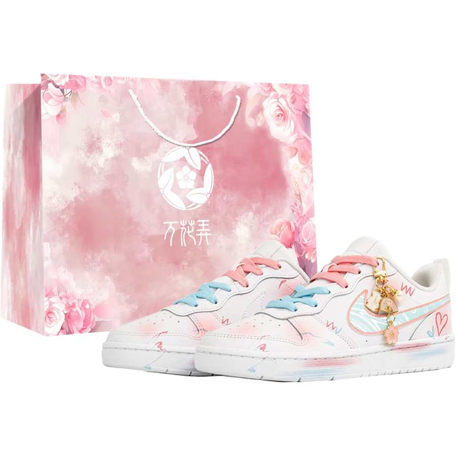 Nike Nike Court Borough Low 20,000 Flowers, Peach Mint, Shopping Bag Kids' Skateboarding Shoes White Pink Teenagers