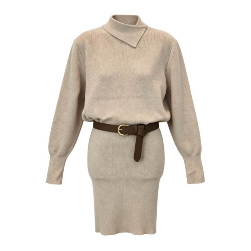 CPAURA Long Sleeved Dresses Women's Half Turtleneck Moderate Short Skirt Bodycon Skirt