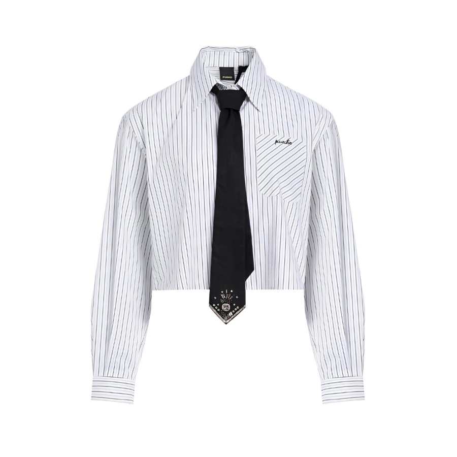 PINKO Shirts Women's White Stripes Suit Collar Moderate Straight Fit