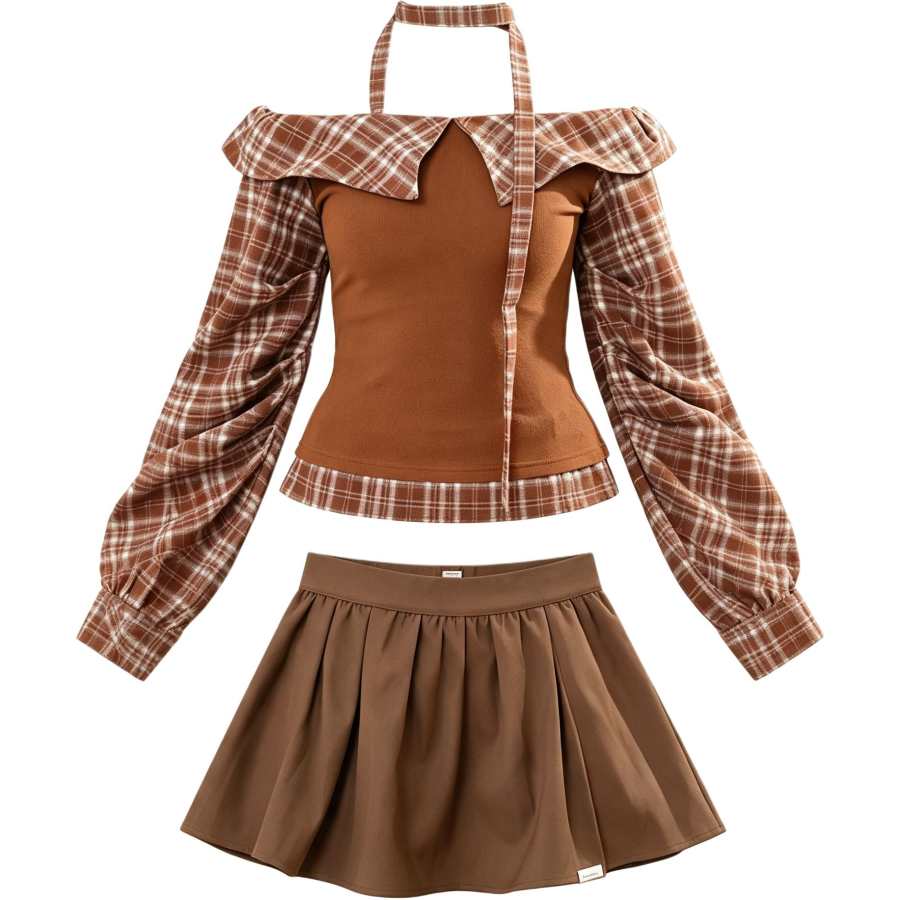Cotton Gene Two Piece Skirt Sets Women's Boat Neck Thin Short
