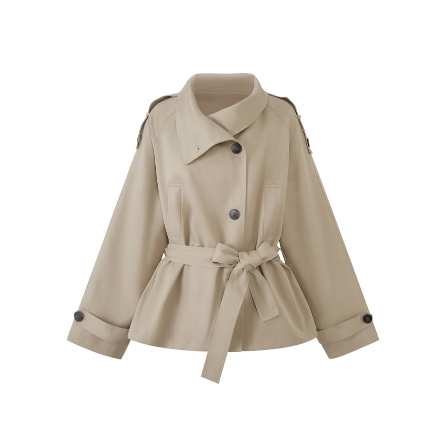 TUSHIFEI Trench Coats Women's Light Green Coffee Stand Collar Moderate Nipped In Waist