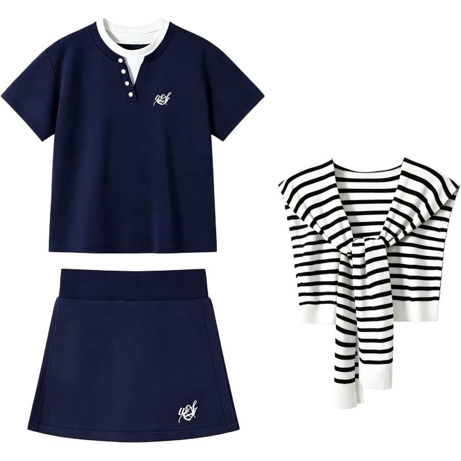 Cotton Gene Two Piece Skirt Sets Women's Crew Neck Thin Short