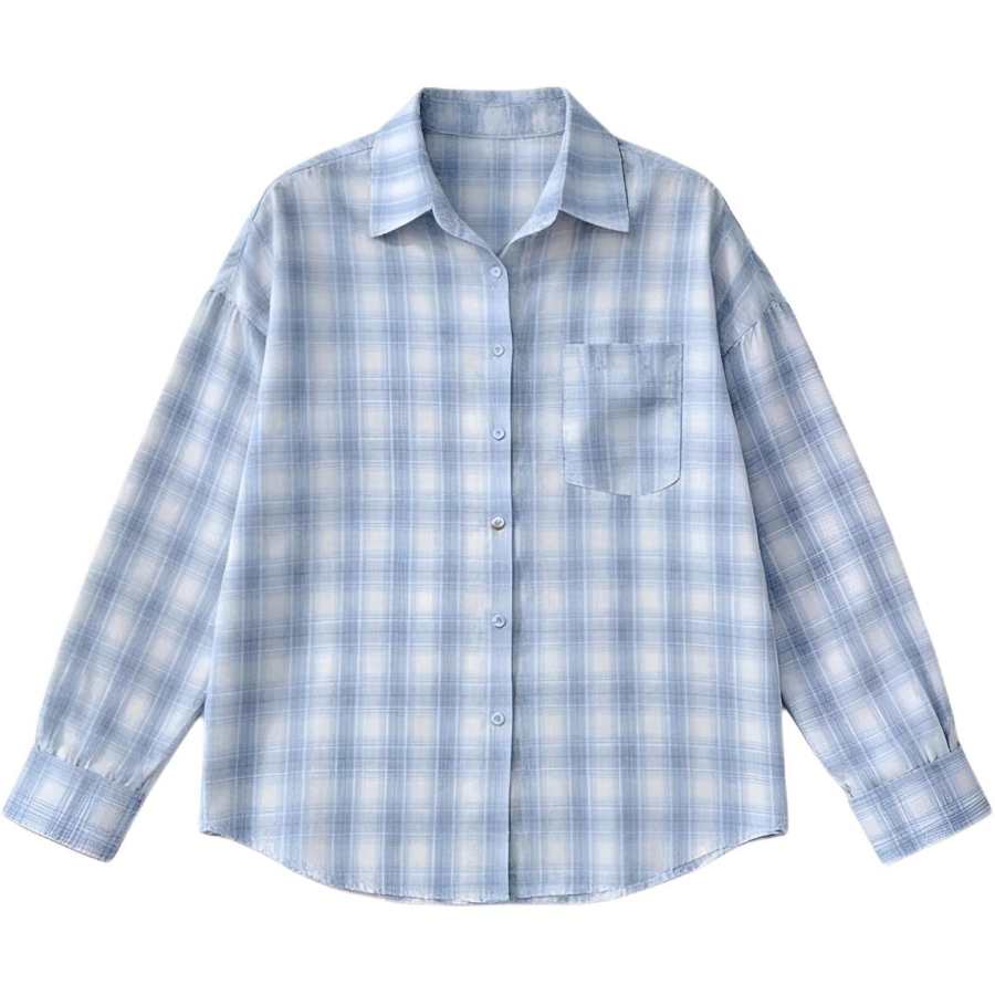 Cotton Gene Shirts Women's Light Blue Lapel Thin
