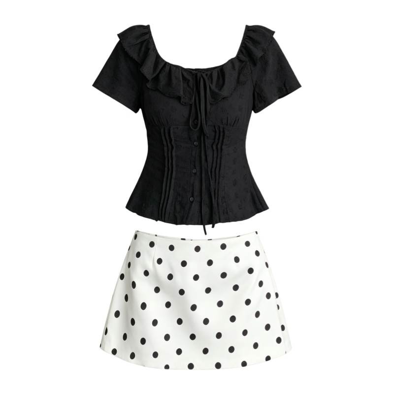 CPAURA Two Piece Skirt Sets Women's Square Collar Moderate Short Skirt