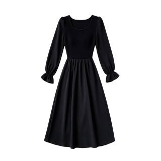 TUSHIFEI Long Sleeved Dresses Women's Black Crew Neck Moderate Midi Skirt A Line Skirt