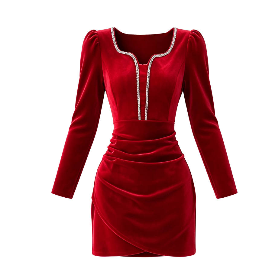 CPAURA Long Sleeved Dresses Women's Square Collar Moderate Short Skirt Bodycon Skirt