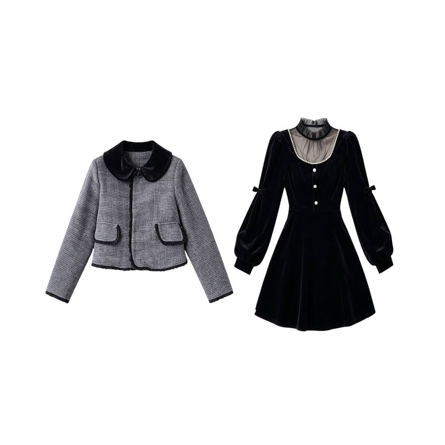 TUSHIFEI Two Piece Skirt Sets Women's Peter Pan Collar Moderate Short Skirt