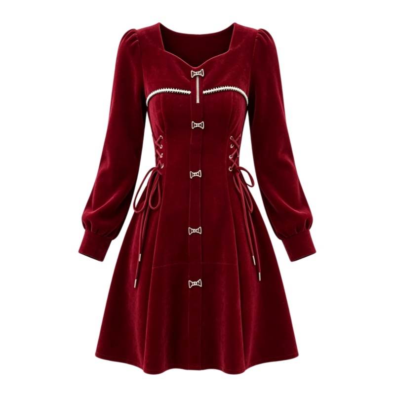 CPAURA Long Sleeved Dresses Women's Square Collar Thickened Short Skirt A Line Skirt