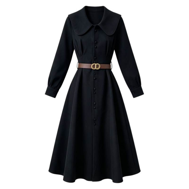 CPAURA Long Sleeved Dresses Women's Black With Belt Peter Pan Collar Moderate Midi Skirt A Line Skirt