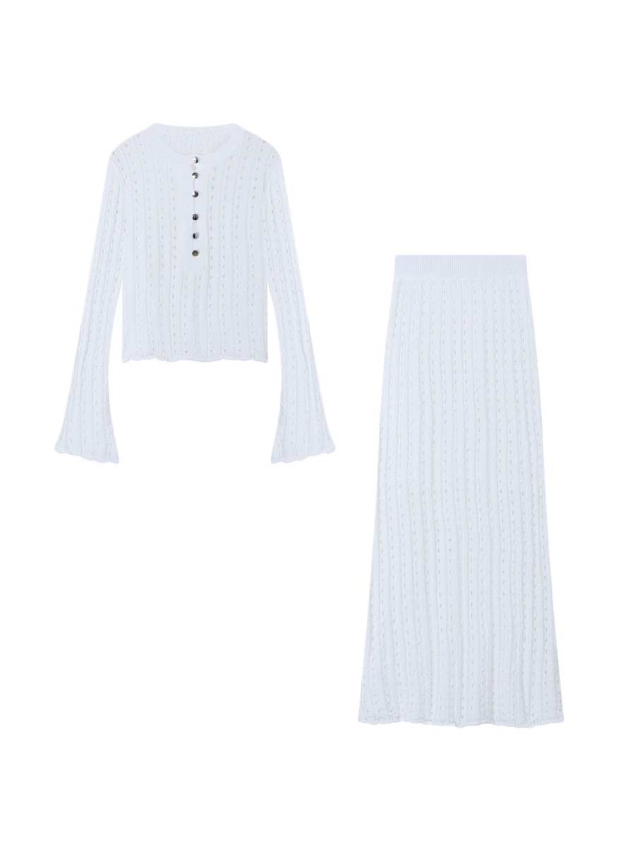 Sugarfunk Two Piece Skirt Sets Women's Crew Neck Thin Long Skirt