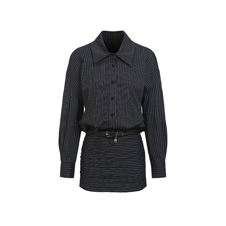TUSHIFEI Long Sleeved Dresses Women's Stripes+Belt Polo Collar Moderate Short Skirt Bodycon Skirt
