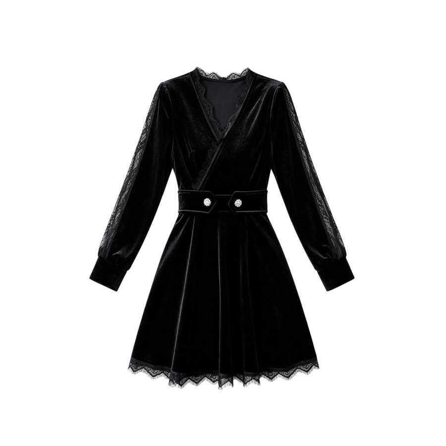 TUSHIFEI Long Sleeved Dresses Women's Black V Neck Moderate Short Skirt A Line Skirt