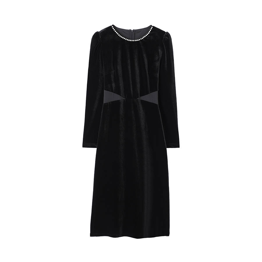 TUSHIFEI Long Sleeved Dresses Women's Black Crew Neck Moderate Midi Skirt A Line Skirt