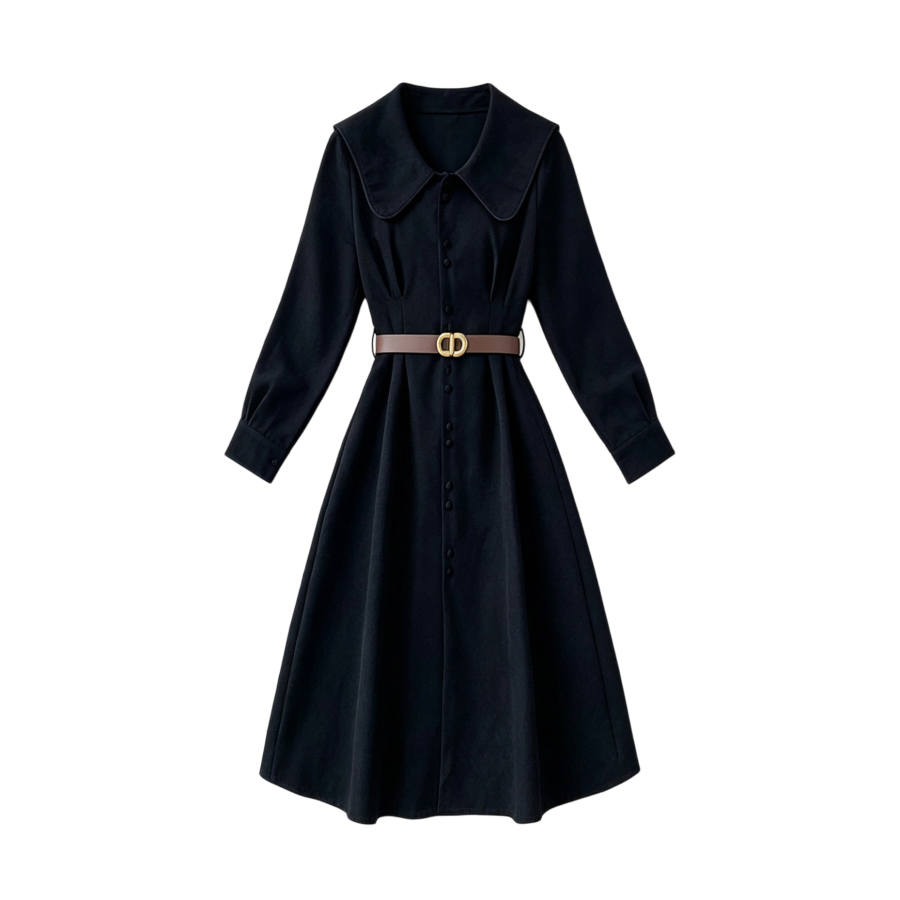 TUSHIFEI Long Sleeved Dresses Women's Black Belt Peter Pan Collar Moderate Midi Skirt A Line Skirt
