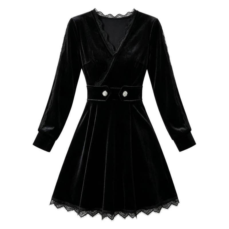 CPAURA Long Sleeved Dresses Women's Black Moderate Short Skirt A Line Skirt