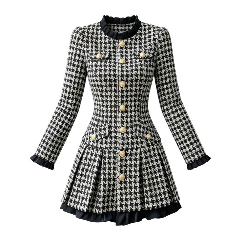 CPAURA Long Sleeved Dresses Women's Black White Plaid Lettuce Edge Collar Moderate Short Skirt Pleated Skirt