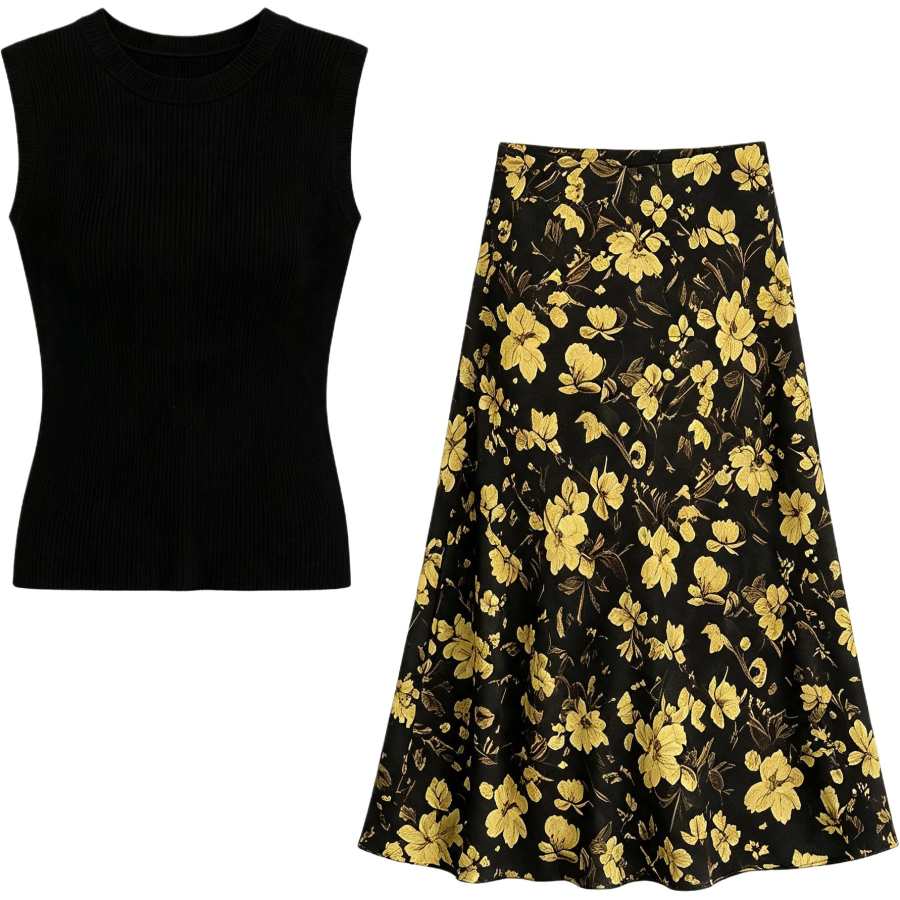 Cotton Gene Two Piece Skirt Sets Women's Crew Neck Moderate Long
