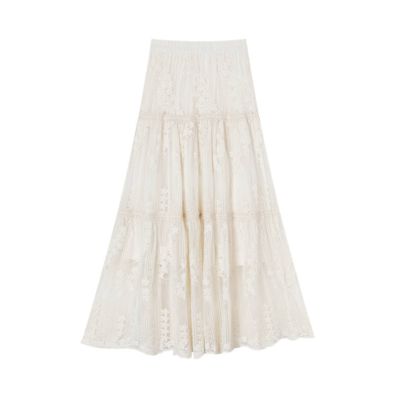 XIANGYING Casual Long Skirts Women's Ecru Moderate Long Skirt