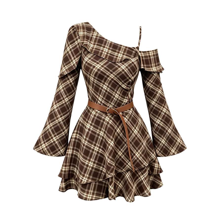 Sugarfunk Long Sleeved Dresses Women's Yellow, With Belt Asymmetrical Collar Moderate Short Skirt Tiered Skirt