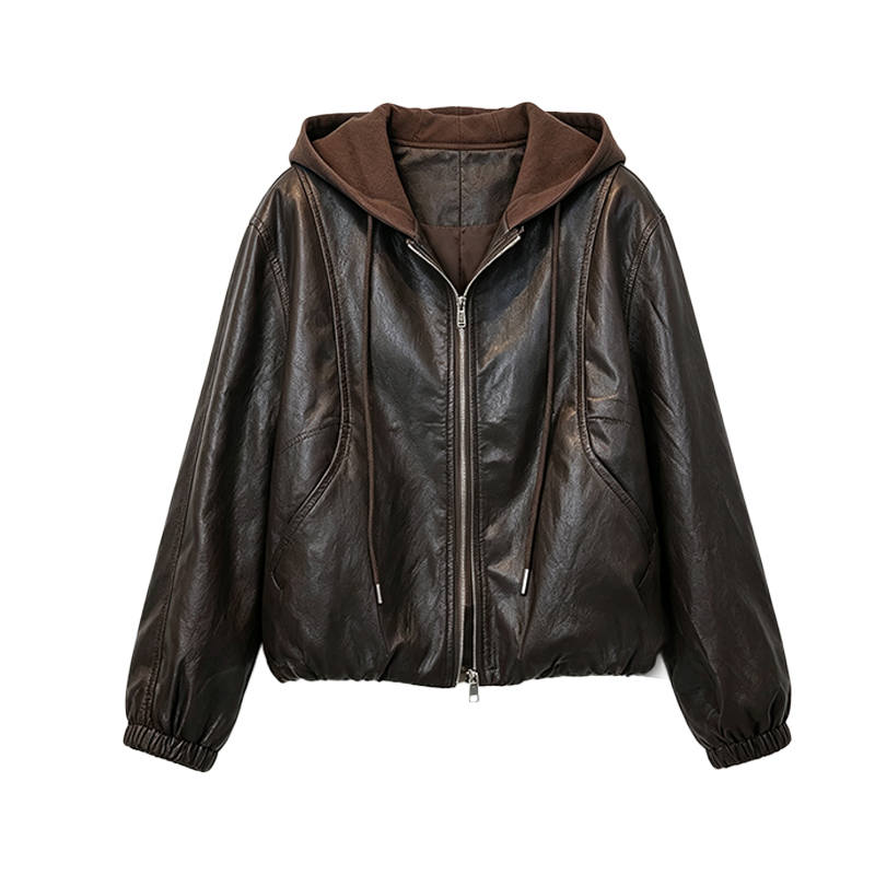 CPAURA Leather Jackets Women's Hooded Non Detachable Moderate Nipped In Waist