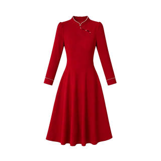 TUSHIFEI Long Sleeved Dresses Women's Burgundy Stand Collar Moderate Midi Skirt A Line Skirt