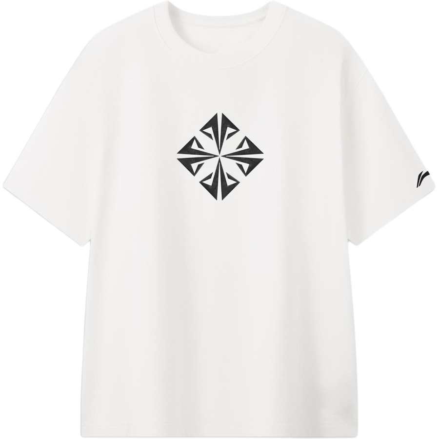 Li-Ning Li Ning T Shirts Men's Ivory Crew Neck Moderate Straight Fit