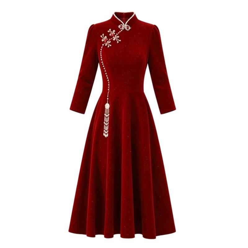 CPAURA Long Sleeved Dresses Women's Burgundy Cheongsam Collar Moderate Midi Skirt A Line Skirt