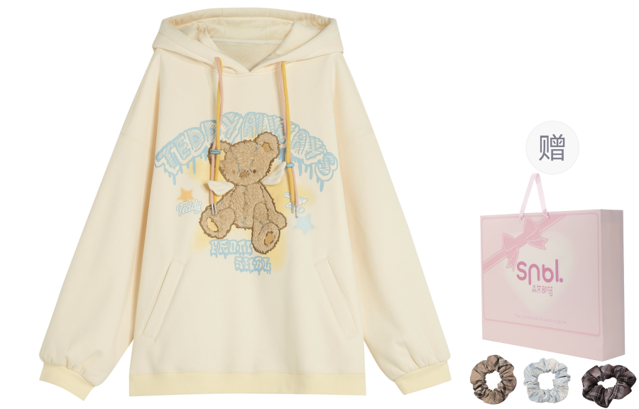 SNBL Original Angel Bear Healing Tie Cream Cute Soft Girl Top Pullover Hoodie Fleece Lined Casual Versatile Students