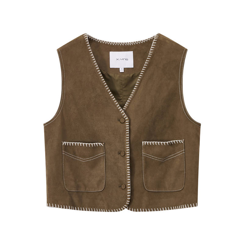 XIANGYING Vests Women's Khaki Green V Neck Moderate