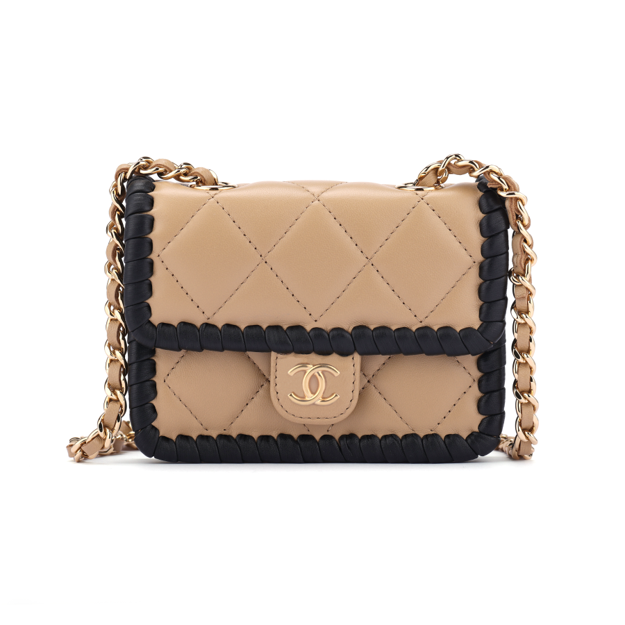CHANEL Lamb Leather & Woven Calfskin & Gold Finish Crossbody Bags Small Women's Deep Beige & Black