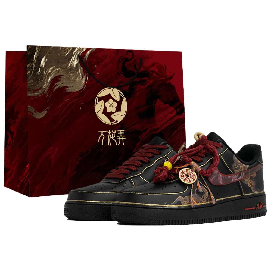 Nike Nike Air Force 1 Kaleidoscope, Year, Shopping Bag Abrasion Resistant Low top Skateboard Shoes Unisex Black Red