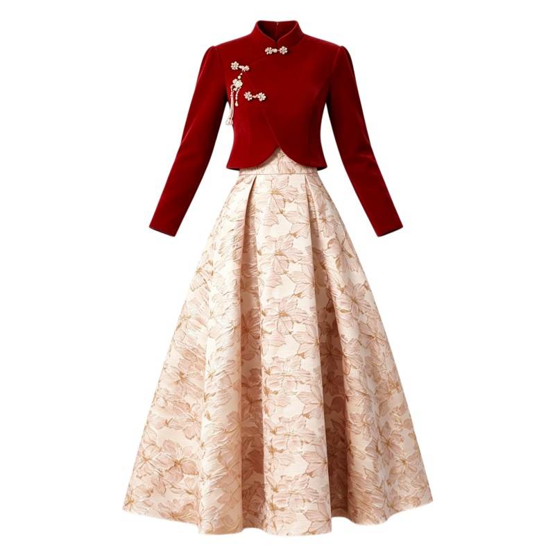 CPAURA Two Piece Skirt Sets Women's Cheongsam Collar Moderate Long Skirt