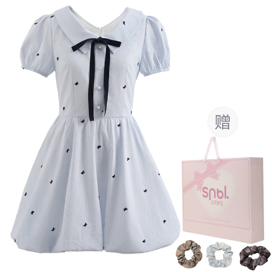 SNBL Short Sleeved Dresses Women's Blue Lapel Moderate Short Skirt A Line Skirt