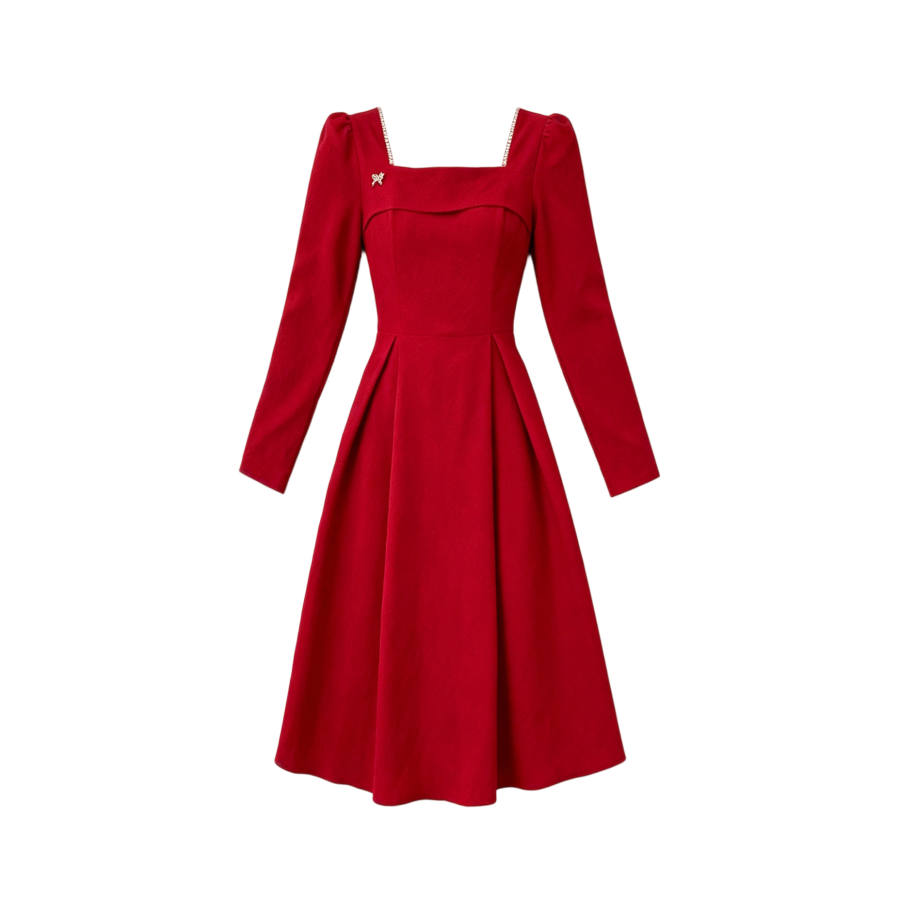 TUSHIFEI Long Sleeved Dresses Women's Red Square Collar Moderate Midi Skirt A Line Skirt